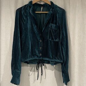 Free People Deep Teal Velvet Button-Down Shirt